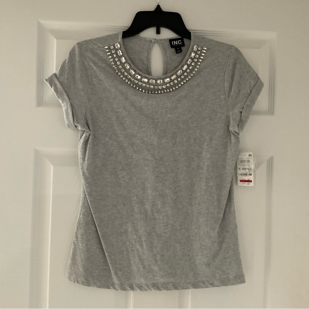 INC International Concepts Gray Embellished Fitted T-Shirt